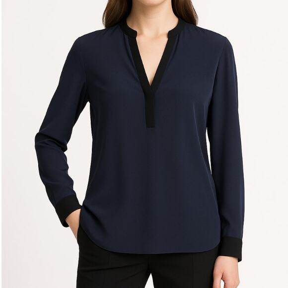 Vince Womens Silk Blouse Open V-Neck Navy Blue Black Trim Size 4 NWOT Office - Picture 1 of 9